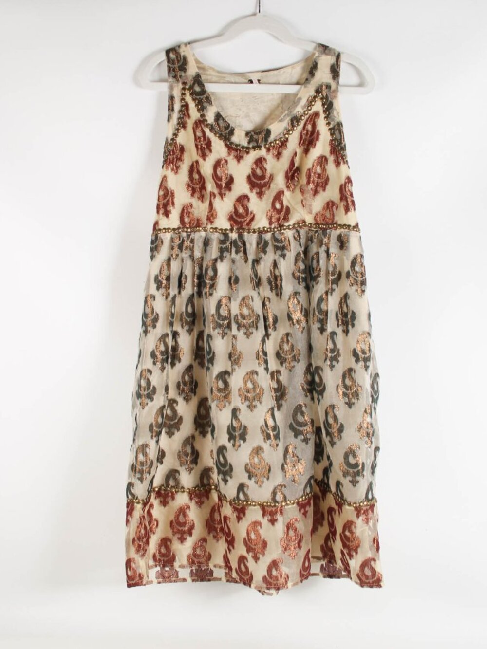 Free People Metallic Paisley Dress Gold Sheer Boho Mini Sleeveless Size 0